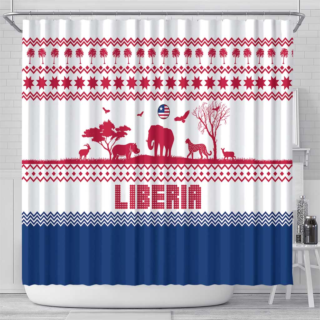 Liberia Christmas Shower Curtain with Red Wildlife Silhouettes and White Blue Holiday - Wonder Print Shop