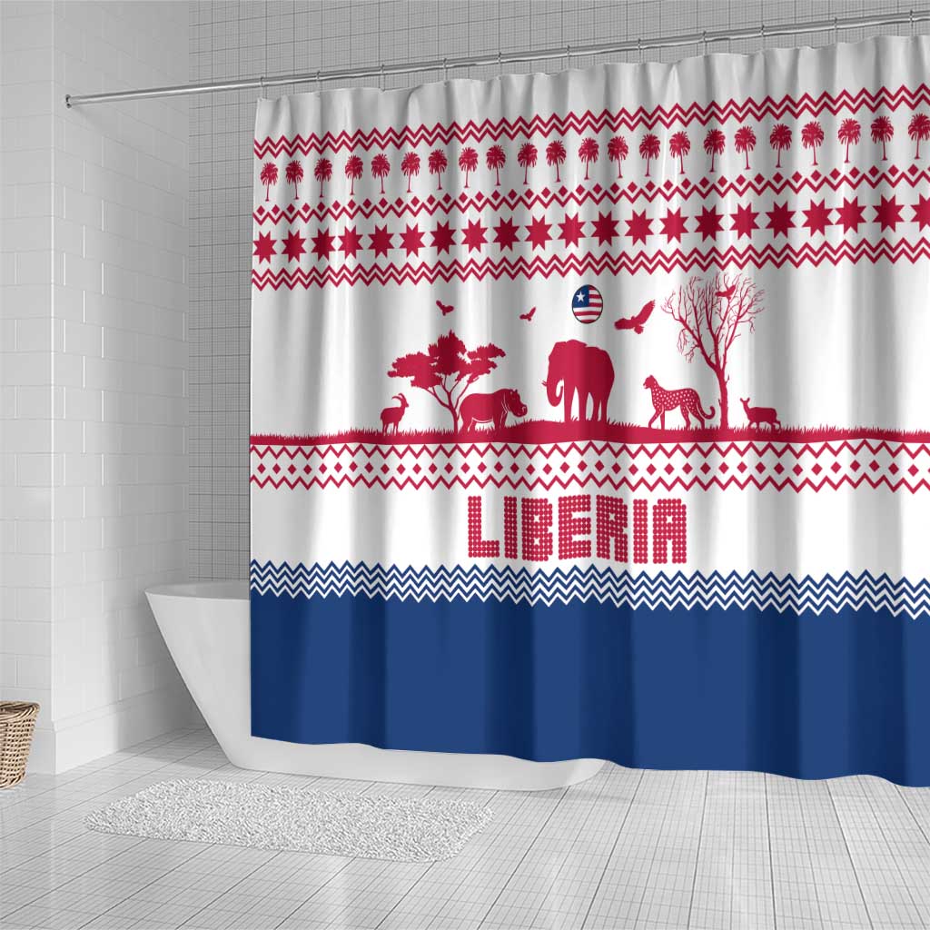 Liberia Christmas Shower Curtain with Red Wildlife Silhouettes and White Blue Holiday - Wonder Print Shop