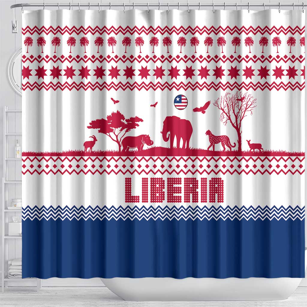 Liberia Christmas Shower Curtain with Red Wildlife Silhouettes and White Blue Holiday - Wonder Print Shop