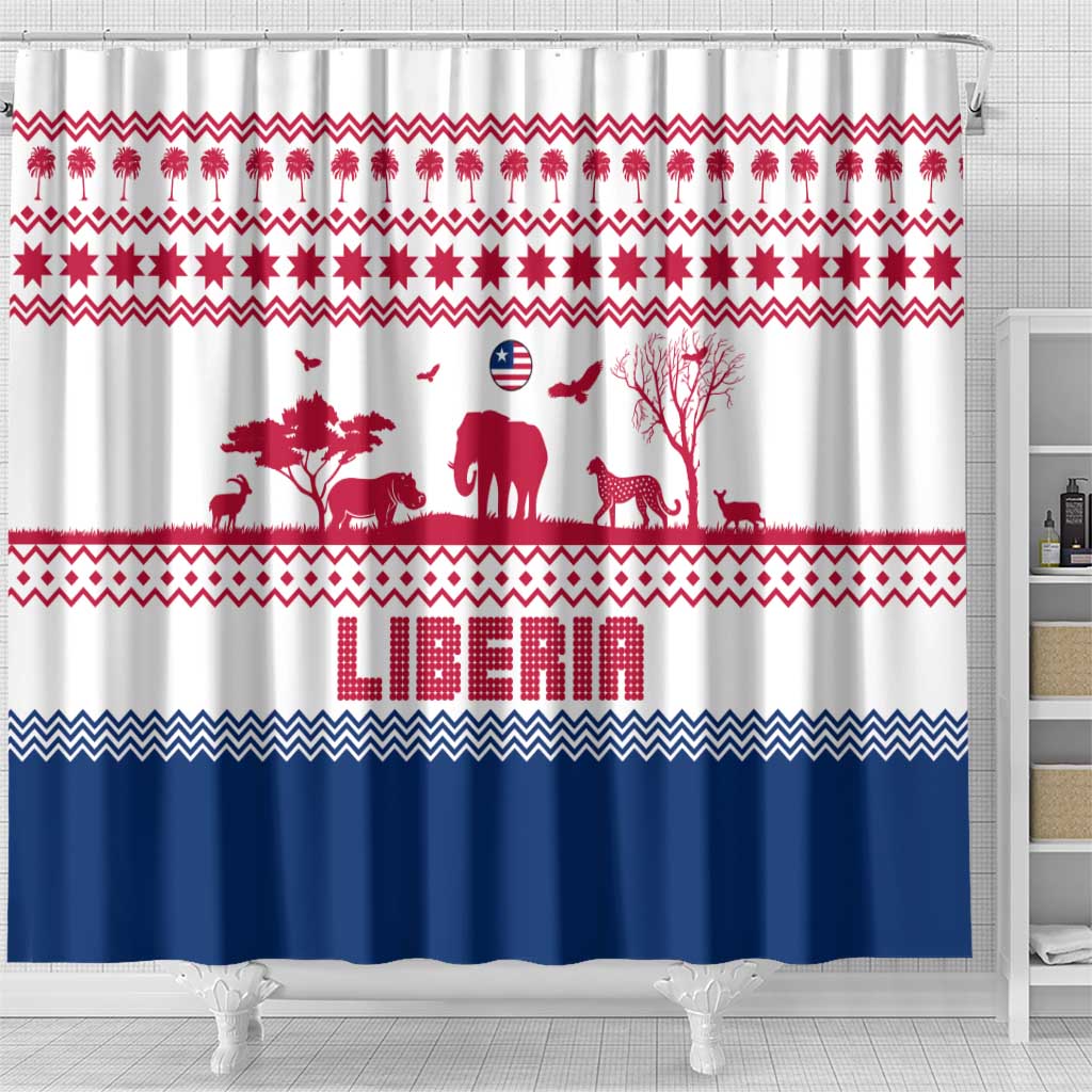 Liberia Christmas Shower Curtain with Red Wildlife Silhouettes and White Blue Holiday - Wonder Print Shop