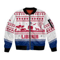 Liberia Christmas Sleeve Zip Bomber Jacket with Red Wildlife Silhouettes and White Blue Holiday - Wonder Print Shop