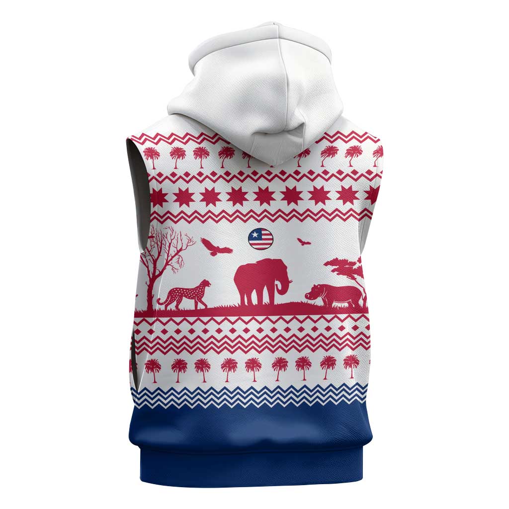 Liberia Christmas Sleeveless Hoodie with Red Wildlife Silhouettes and White Blue Holiday - Wonder Print Shop