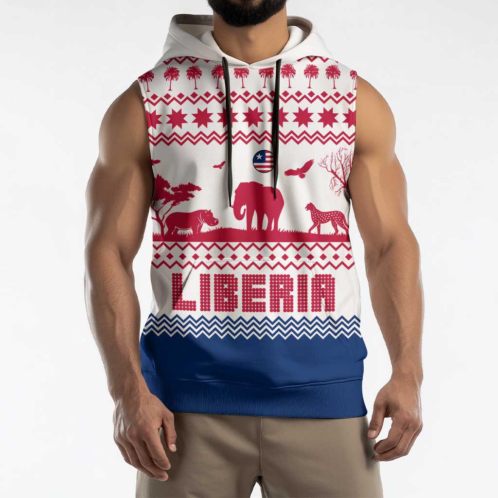Liberia Christmas Sleeveless Hoodie with Red Wildlife Silhouettes and White Blue Holiday - Wonder Print Shop