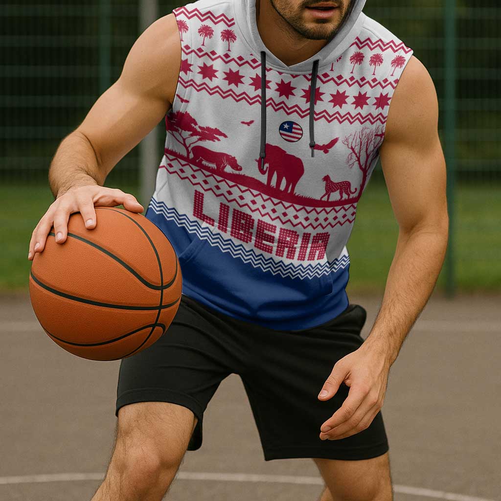 Liberia Christmas Sleeveless Hoodie with Red Wildlife Silhouettes and White Blue Holiday - Wonder Print Shop