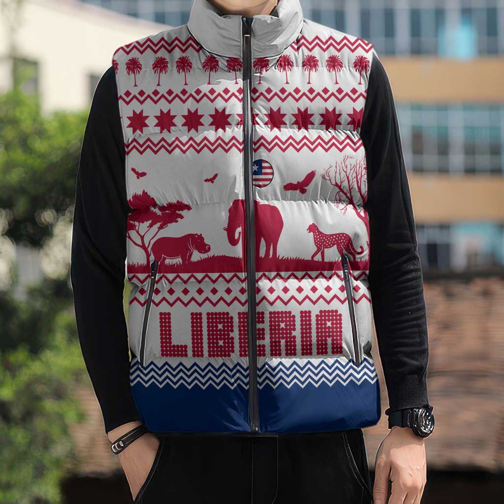 Liberia Christmas Sleeveless Puffer Jacket with Red Wildlife Silhouettes and White Blue Holiday - Wonder Print Shop