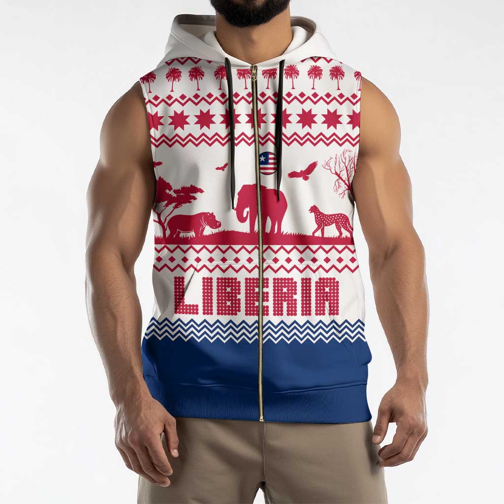 Liberia Christmas Sleeveless Zip Hoodie with Red Wildlife Silhouettes and White Blue Holiday - Wonder Print Shop