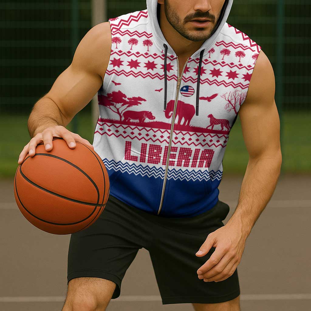 Liberia Christmas Sleeveless Zip Hoodie with Red Wildlife Silhouettes and White Blue Holiday - Wonder Print Shop