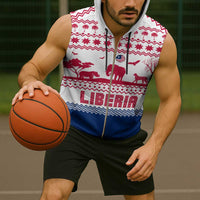 Liberia Christmas Sleeveless Zip Hoodie with Red Wildlife Silhouettes and White Blue Holiday - Wonder Print Shop