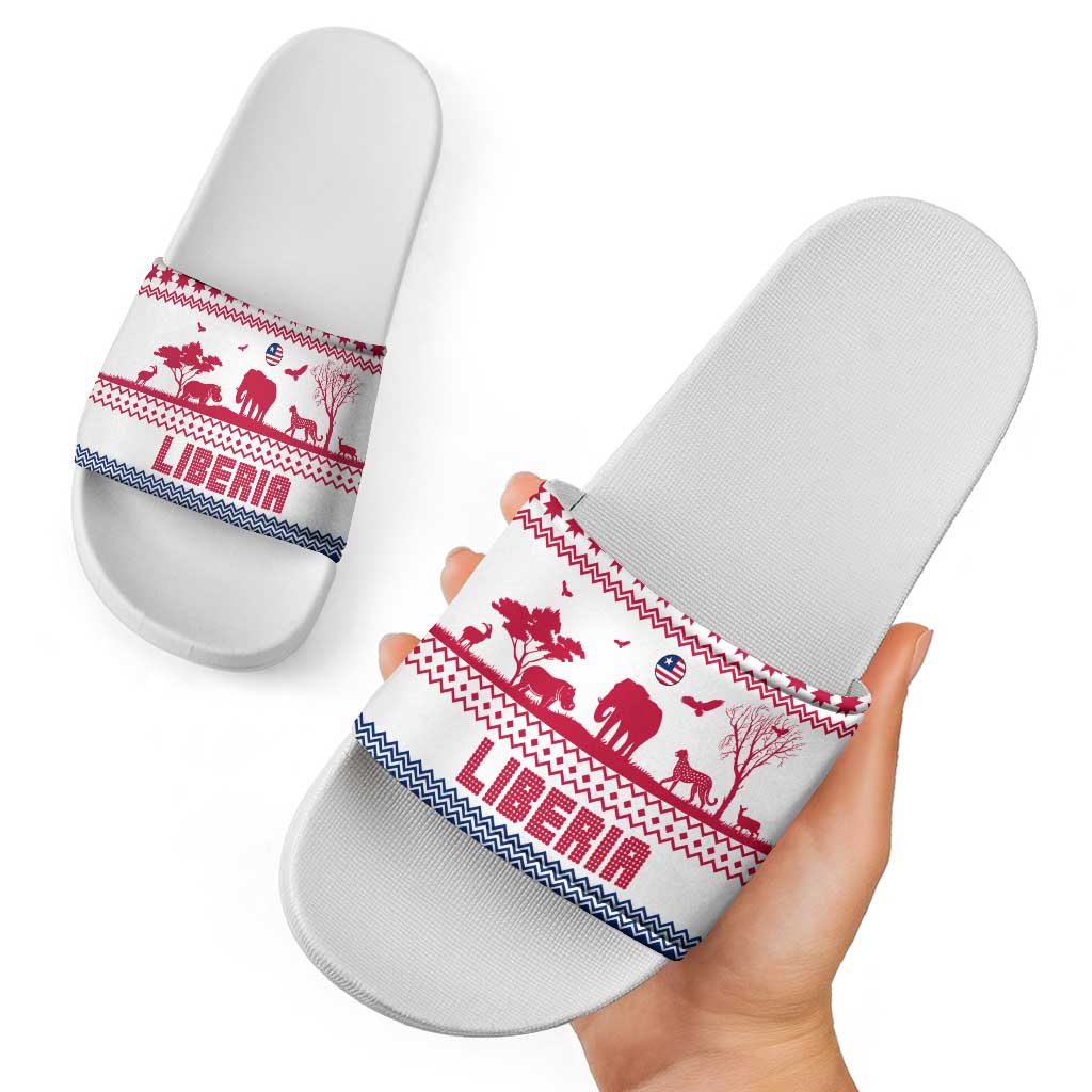 Liberia Christmas Slide Sandals with Red Wildlife Silhouettes and White Blue Holiday - Wonder Print Shop
