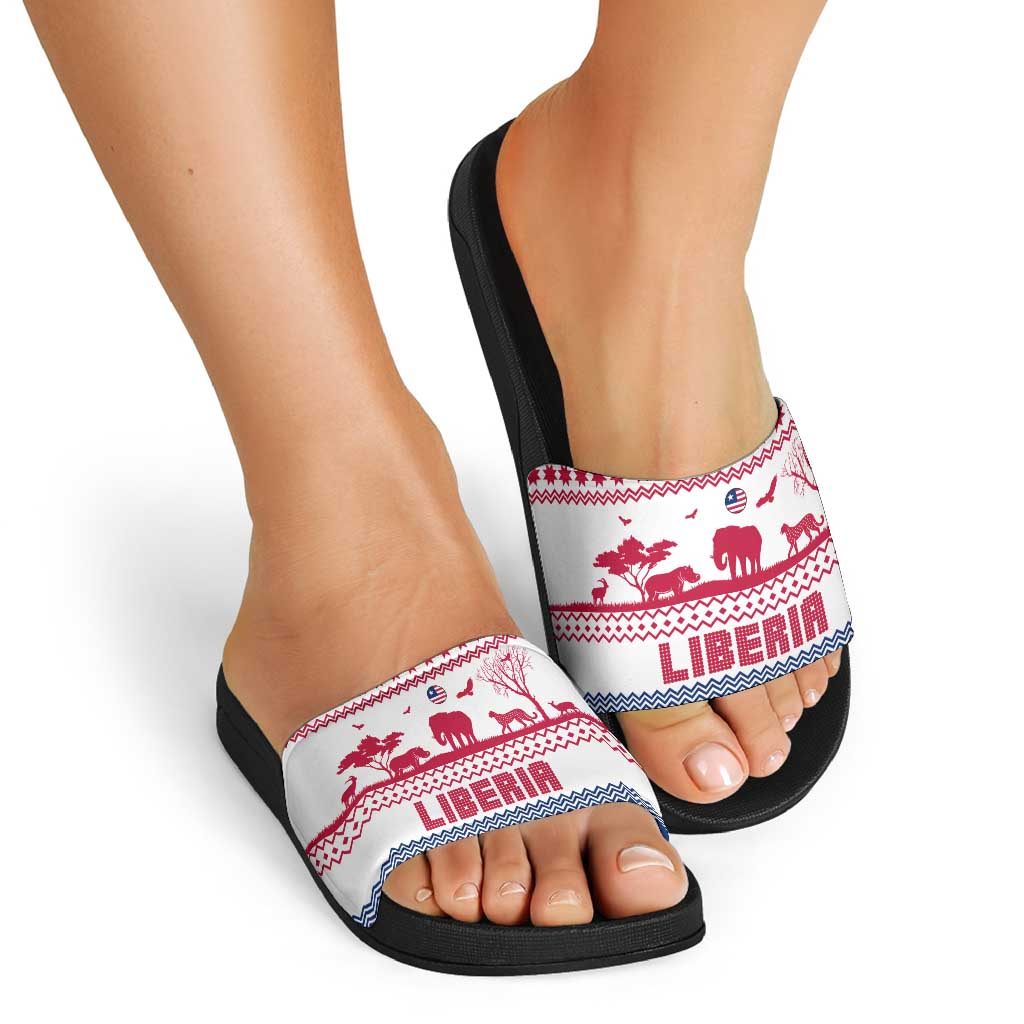 Liberia Christmas Slide Sandals with Red Wildlife Silhouettes and White Blue Holiday - Wonder Print Shop