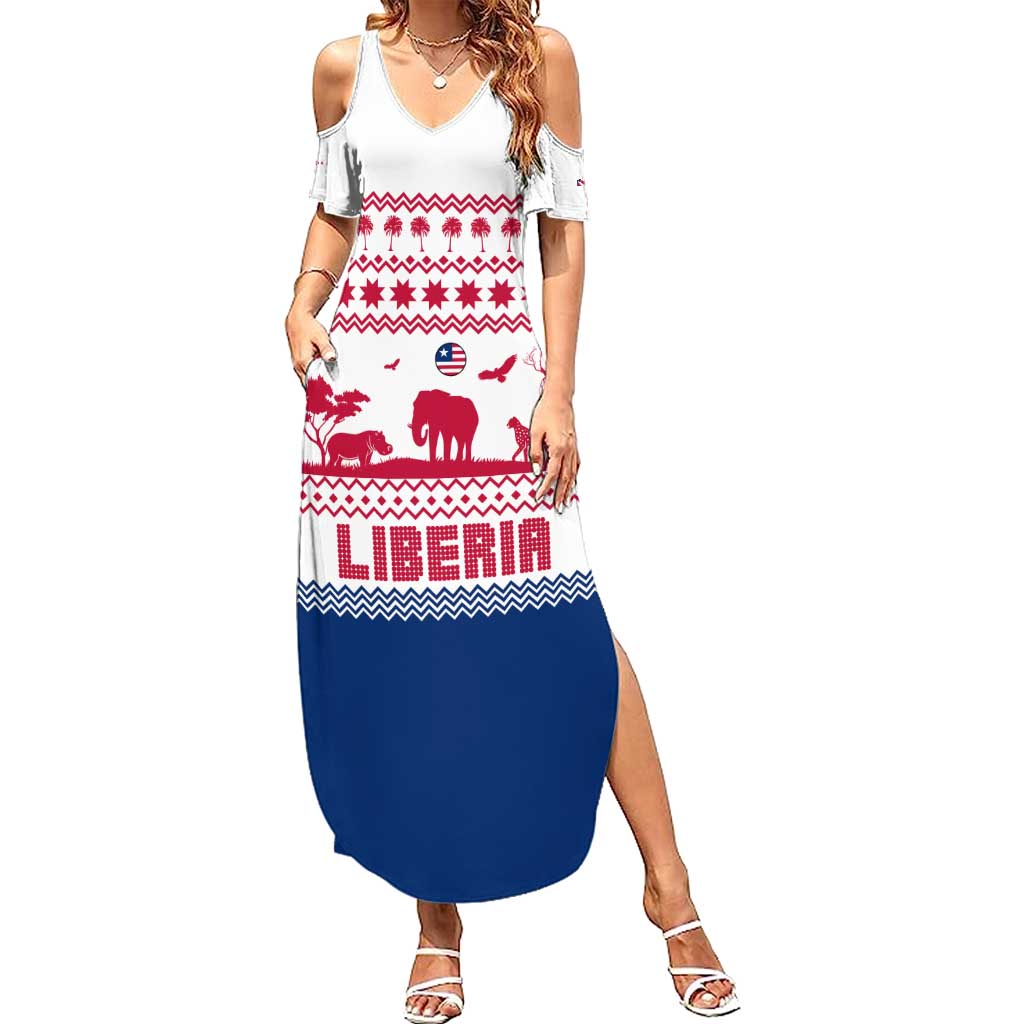 Liberia Christmas Summer Maxi Dress with Red Wildlife Silhouettes and White Blue Holiday - Wonder Print Shop