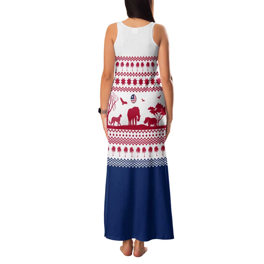 Liberia Christmas Tank Maxi Dress with Red Wildlife Silhouettes and White Blue Holiday - Wonder Print Shop
