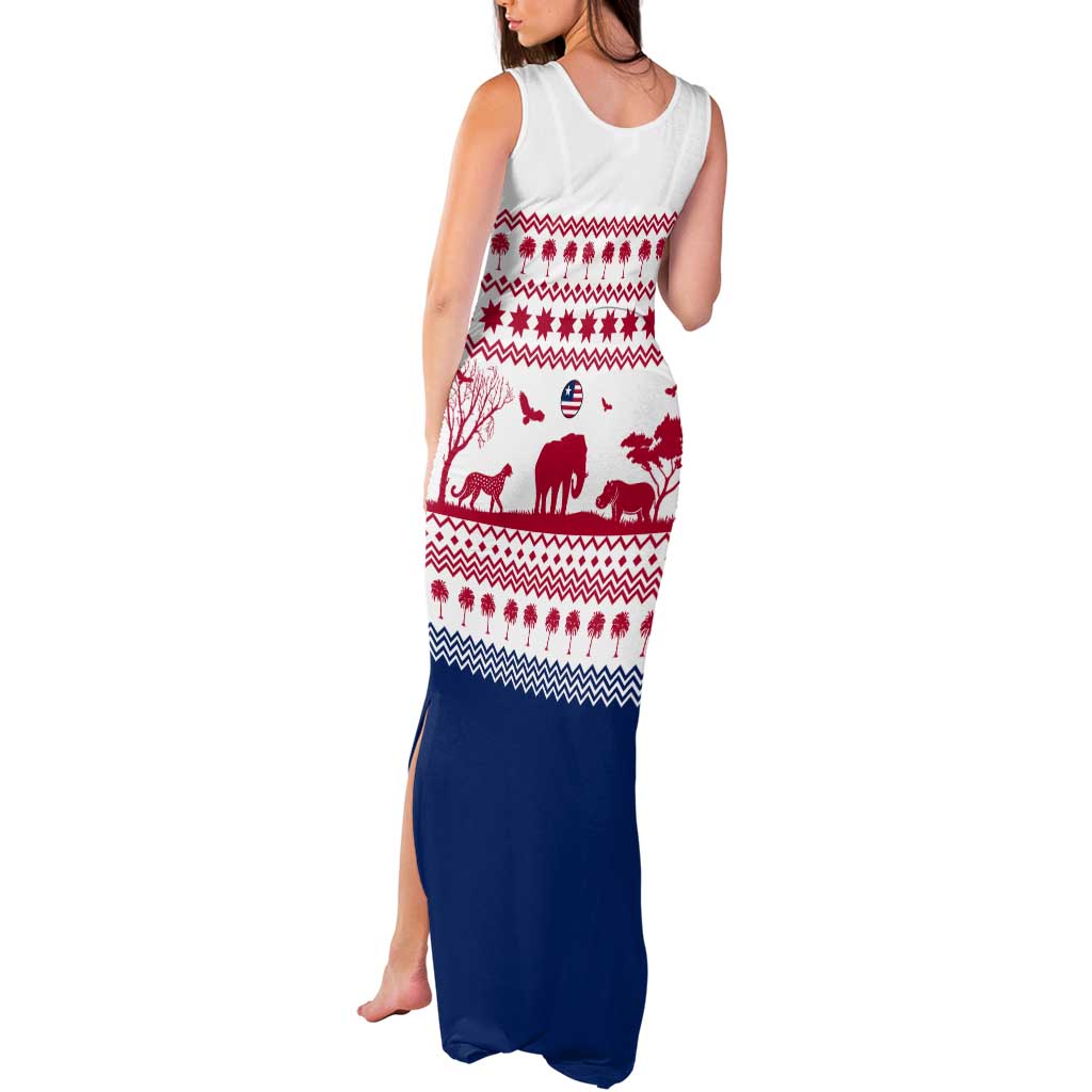 Liberia Christmas Tank Maxi Dress with Red Wildlife Silhouettes and White Blue Holiday - Wonder Print Shop