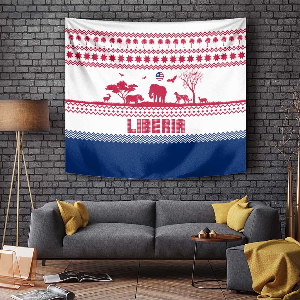 Liberia Christmas Tapestry with Red Wildlife Silhouettes and White Blue Holiday - Wonder Print Shop