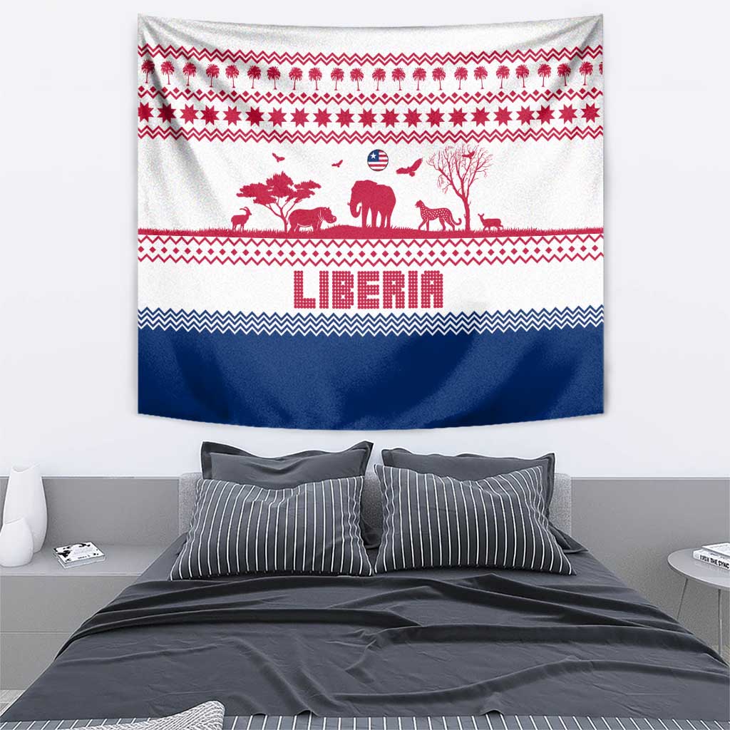 Liberia Christmas Tapestry with Red Wildlife Silhouettes and White Blue Holiday - Wonder Print Shop