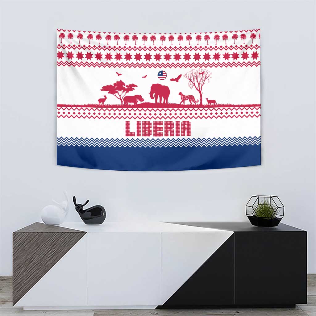 Liberia Christmas Tapestry with Red Wildlife Silhouettes and White Blue Holiday - Wonder Print Shop