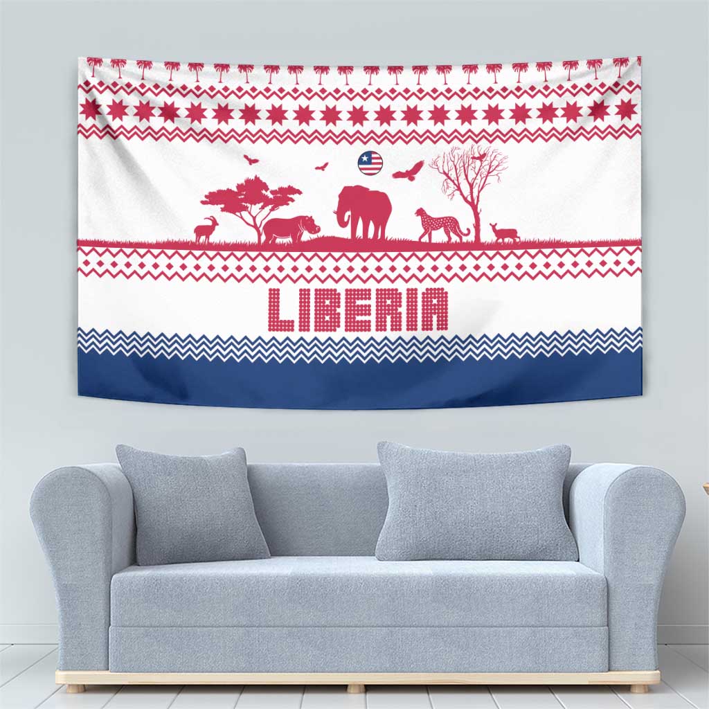 Liberia Christmas Tapestry with Red Wildlife Silhouettes and White Blue Holiday - Wonder Print Shop