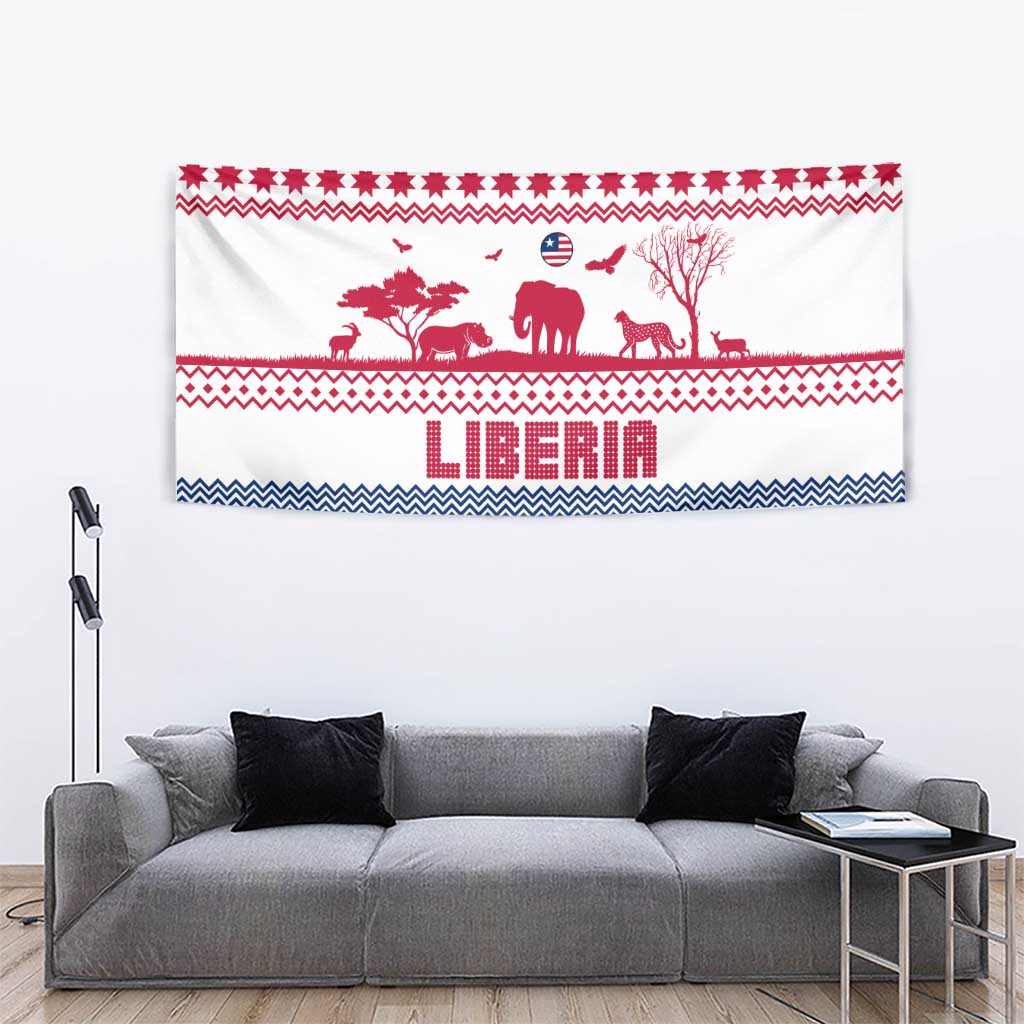 Liberia Christmas Tapestry with Red Wildlife Silhouettes and White Blue Holiday - Wonder Print Shop