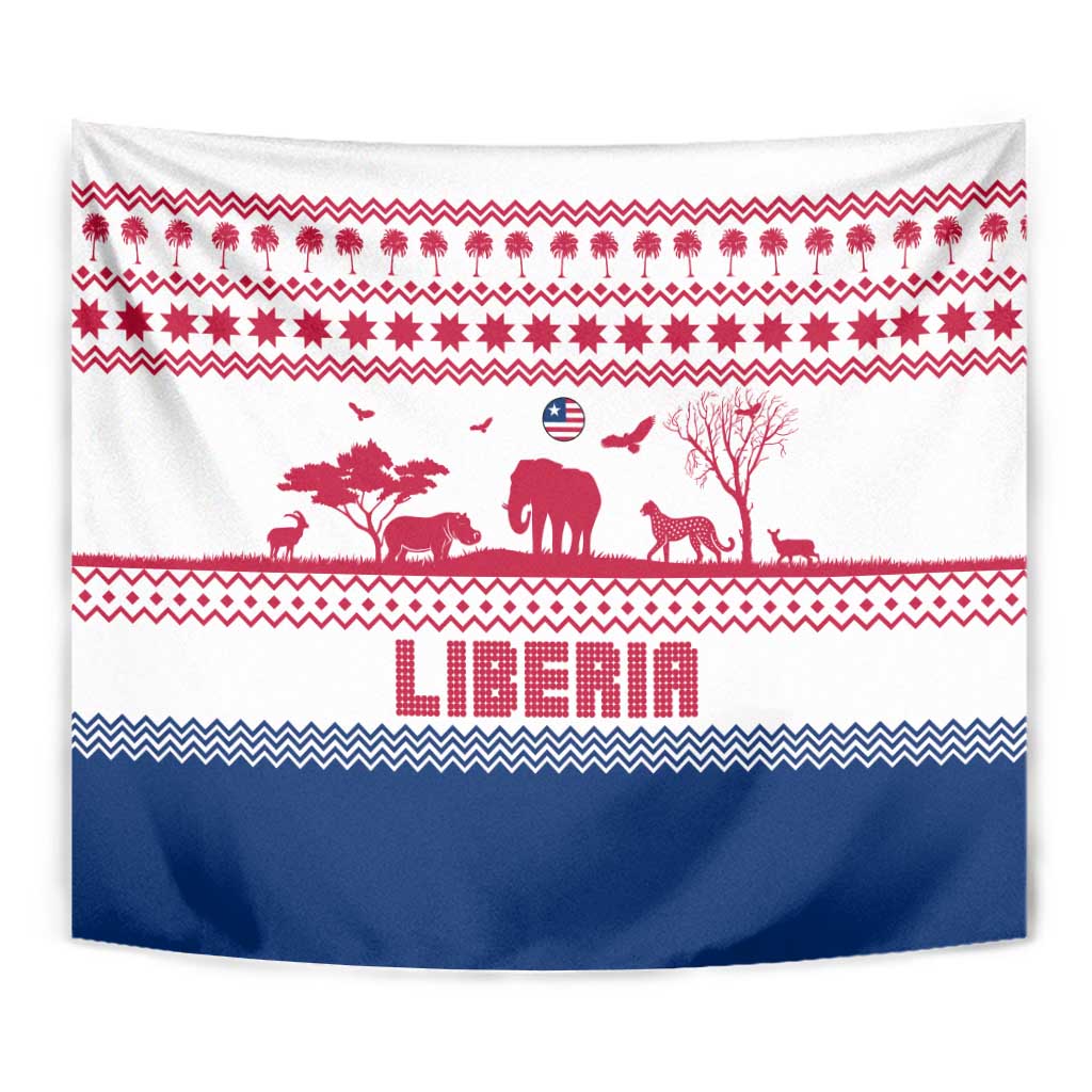Liberia Christmas Tapestry with Red Wildlife Silhouettes and White Blue Holiday - Wonder Print Shop