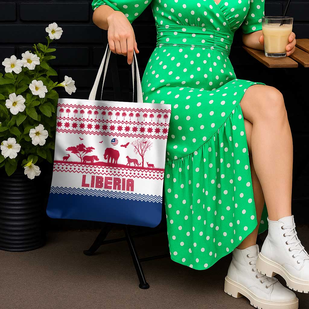 Liberia Christmas Tote Bag with Red Wildlife Silhouettes and White Blue Holiday - Wonder Print Shop