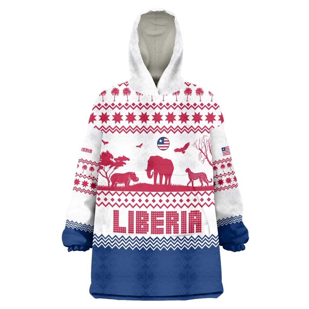 Liberia Christmas Wearable Blanket Hoodie with Red Wildlife Silhouettes and White Blue Holiday - Wonder Print Shop