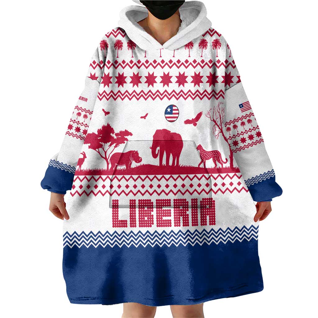 Liberia Christmas Wearable Blanket Hoodie with Red Wildlife Silhouettes and White Blue Holiday - Wonder Print Shop