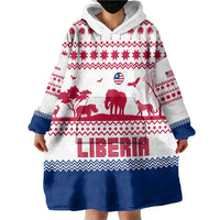Liberia Christmas Wearable Blanket Hoodie with Red Wildlife Silhouettes and White Blue Holiday - Wonder Print Shop