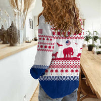 Liberia Christmas Women Casual Shirt with Red Wildlife Silhouettes and White Blue Holiday - Wonder Print Shop