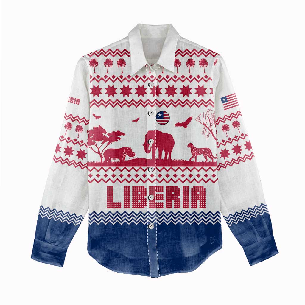 Liberia Christmas Women Casual Shirt with Red Wildlife Silhouettes and White Blue Holiday - Wonder Print Shop