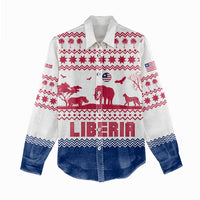 Liberia Christmas Women Casual Shirt with Red Wildlife Silhouettes and White Blue Holiday - Wonder Print Shop