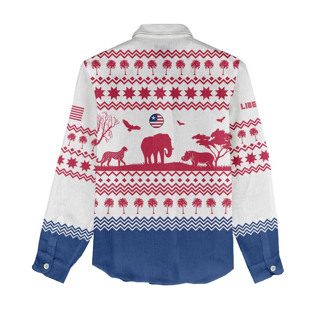 Liberia Christmas Women Casual Shirt with Red Wildlife Silhouettes and White Blue Holiday - Wonder Print Shop