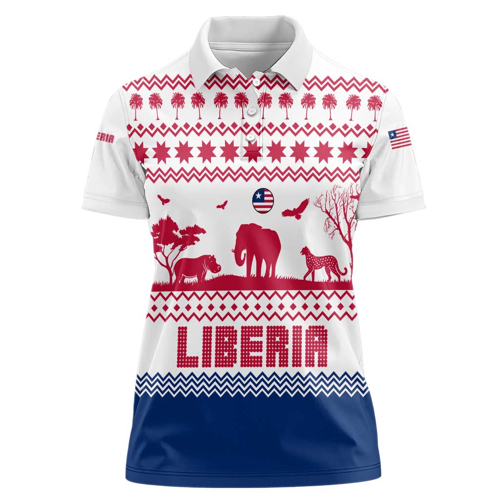 Liberia Christmas Women Polo Shirt with Red Wildlife Silhouettes and White Blue Holiday - Wonder Print Shop