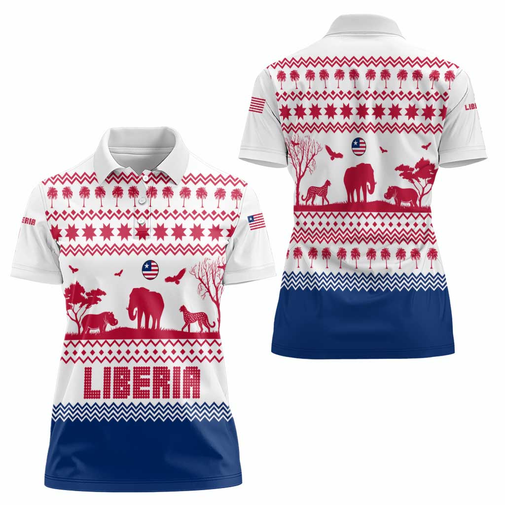 Liberia Christmas Women Polo Shirt with Red Wildlife Silhouettes and White Blue Holiday - Wonder Print Shop