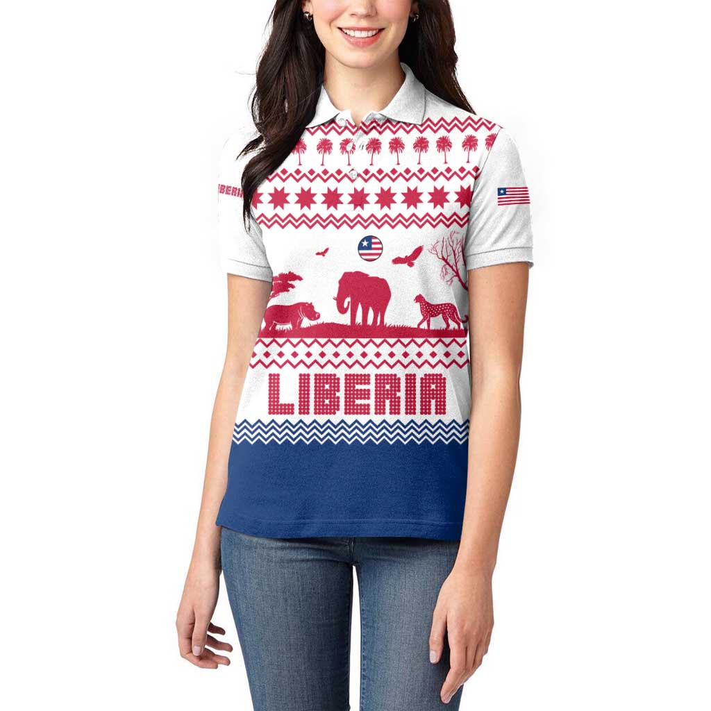 Liberia Christmas Women Polo Shirt with Red Wildlife Silhouettes and White Blue Holiday - Wonder Print Shop