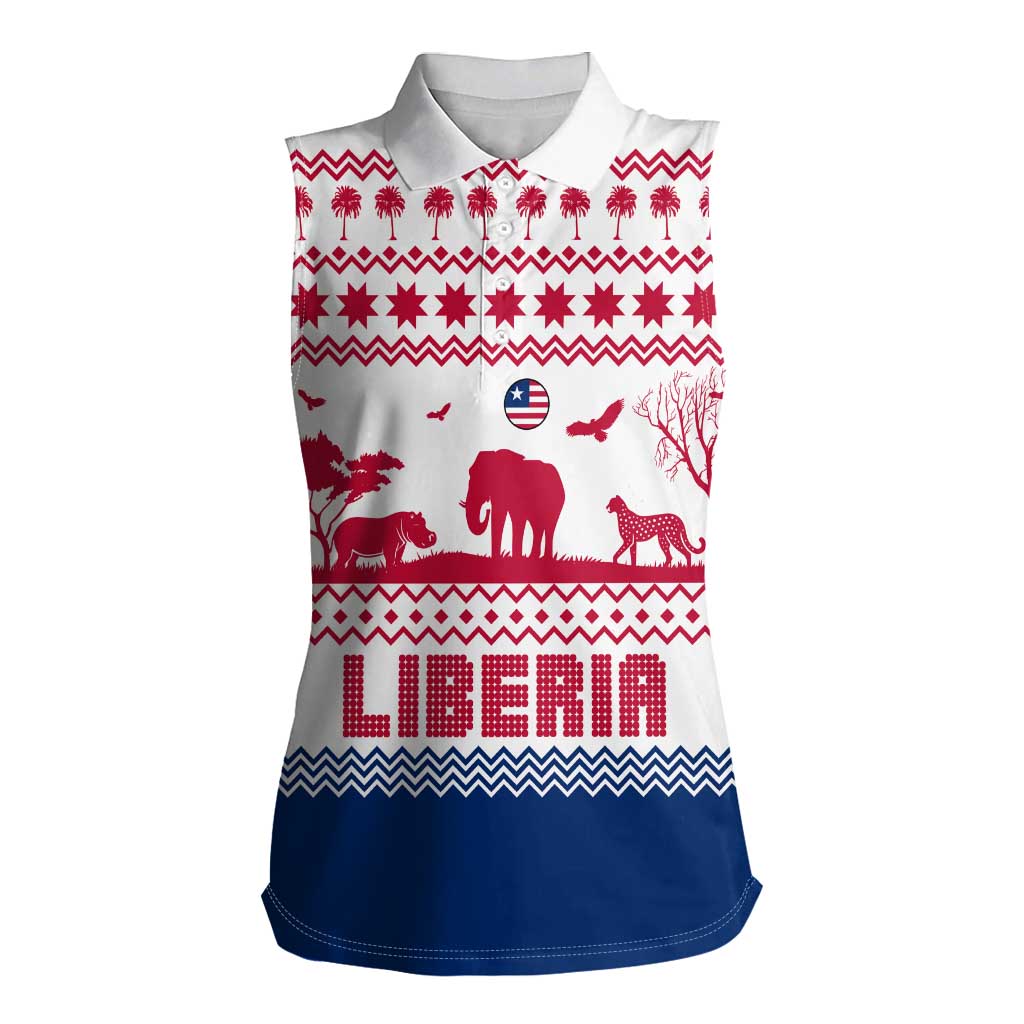 Liberia Christmas Women Sleeveless Polo Shirt with Red Wildlife Silhouettes and White Blue Holiday - Wonder Print Shop