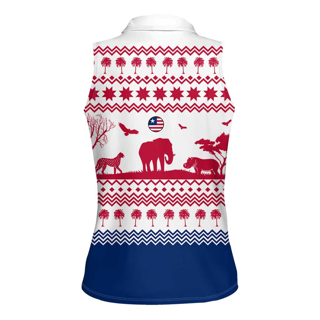 Liberia Christmas Women Sleeveless Polo Shirt with Red Wildlife Silhouettes and White Blue Holiday - Wonder Print Shop