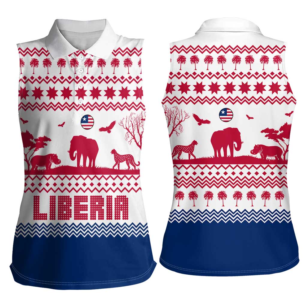 Liberia Christmas Women Sleeveless Polo Shirt with Red Wildlife Silhouettes and White Blue Holiday - Wonder Print Shop