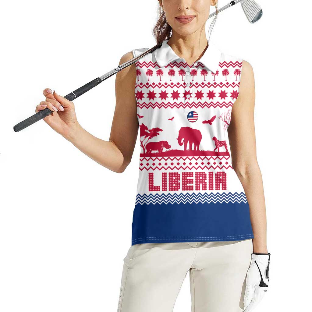 Liberia Christmas Women Sleeveless Polo Shirt with Red Wildlife Silhouettes and White Blue Holiday - Wonder Print Shop
