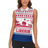 Liberia Christmas Women Sleeveless Polo Shirt with Red Wildlife Silhouettes and White Blue Holiday - Wonder Print Shop