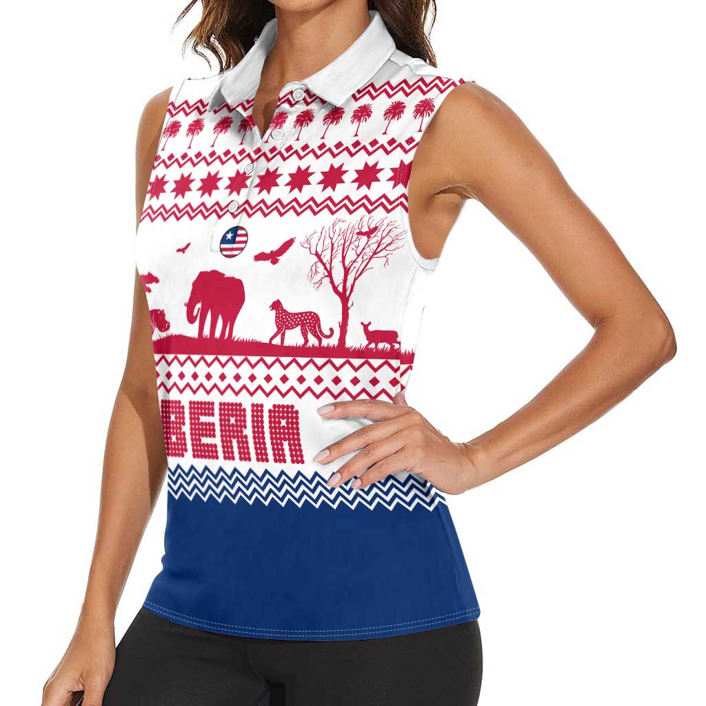 Liberia Christmas Women Sleeveless Polo Shirt with Red Wildlife Silhouettes and White Blue Holiday - Wonder Print Shop