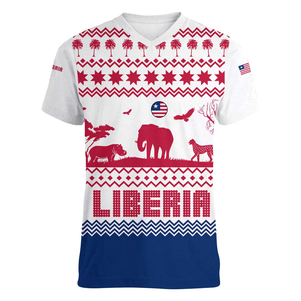 Liberia Christmas Women V-Neck T-Shirt with Red Wildlife Silhouettes and White Blue Holiday - Wonder Print Shop