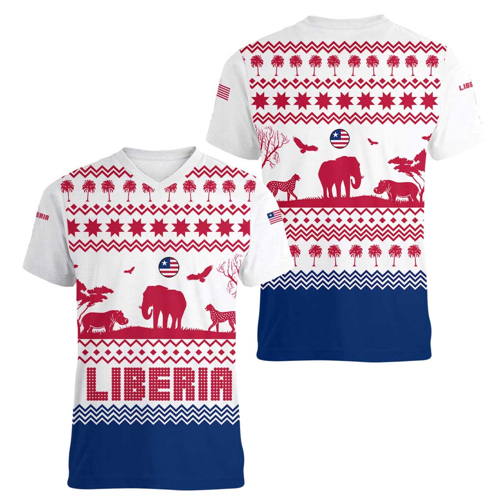 Liberia Christmas Women V-Neck T-Shirt with Red Wildlife Silhouettes and White Blue Holiday - Wonder Print Shop