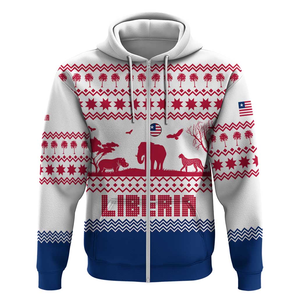 Liberia Christmas Zip Hoodie with Red Wildlife Silhouettes and White Blue Holiday - Wonder Print Shop