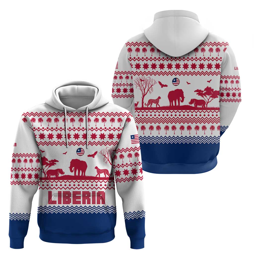 Liberia Christmas Zip Hoodie with Red Wildlife Silhouettes and White Blue Holiday - Wonder Print Shop