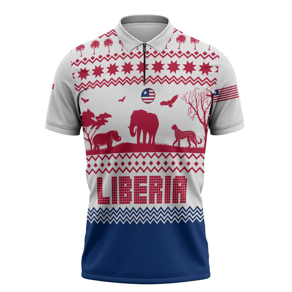 Liberia Christmas Zipper Polo Shirt with Red Wildlife Silhouettes and White Blue Holiday - Wonder Print Shop