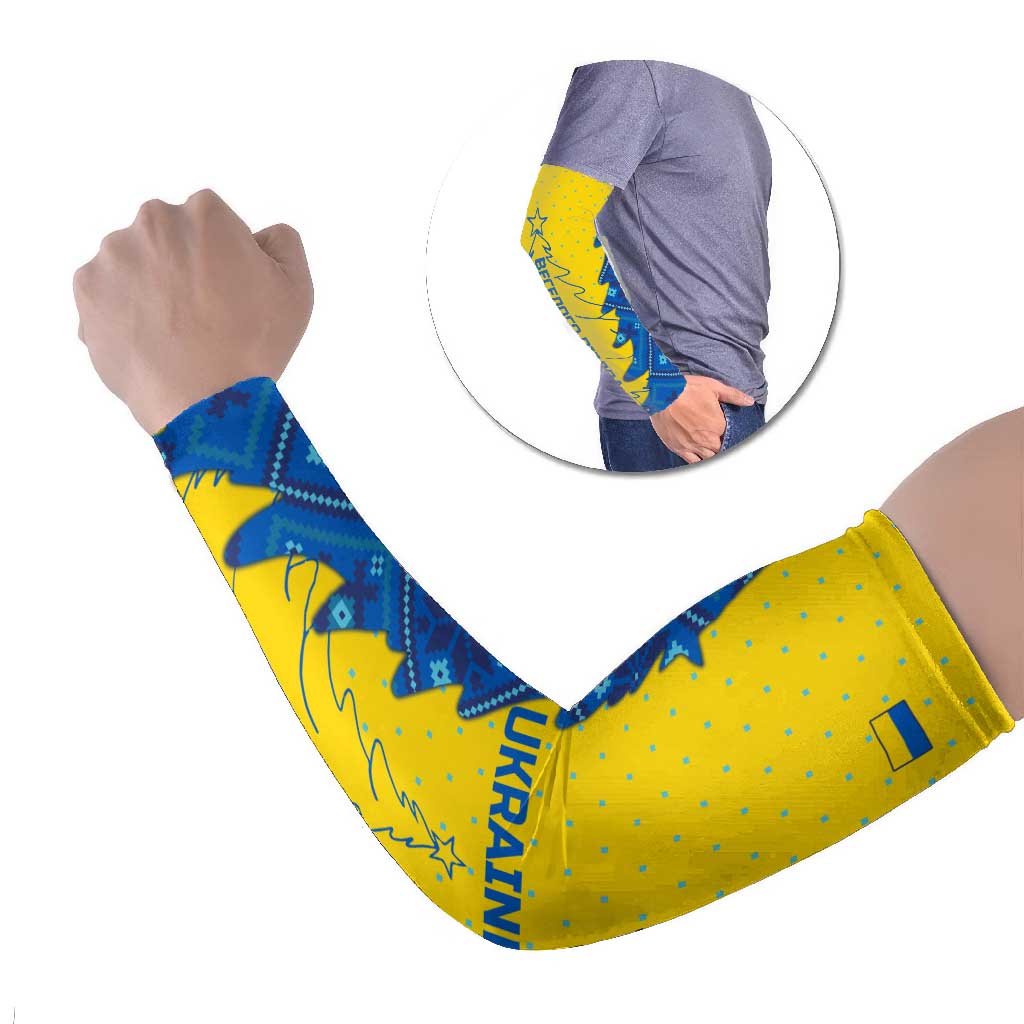 Ukraine Christmas Arm Sleeves with Yellow and Blue Tree Design and Traditional Embroidery - Wonder Print Shop