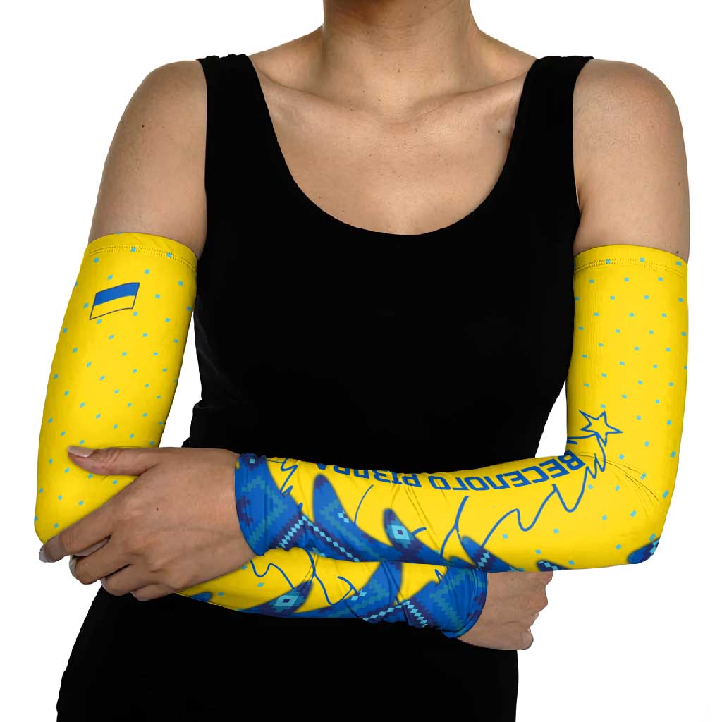 Ukraine Christmas Arm Sleeves with Yellow and Blue Tree Design and Traditional Embroidery - Wonder Print Shop
