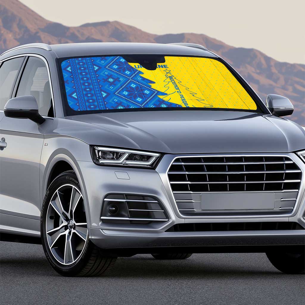 Ukraine Christmas Auto Sun Shade with Yellow and Blue Tree Design and Traditional Embroidery - Wonder Print Shop
