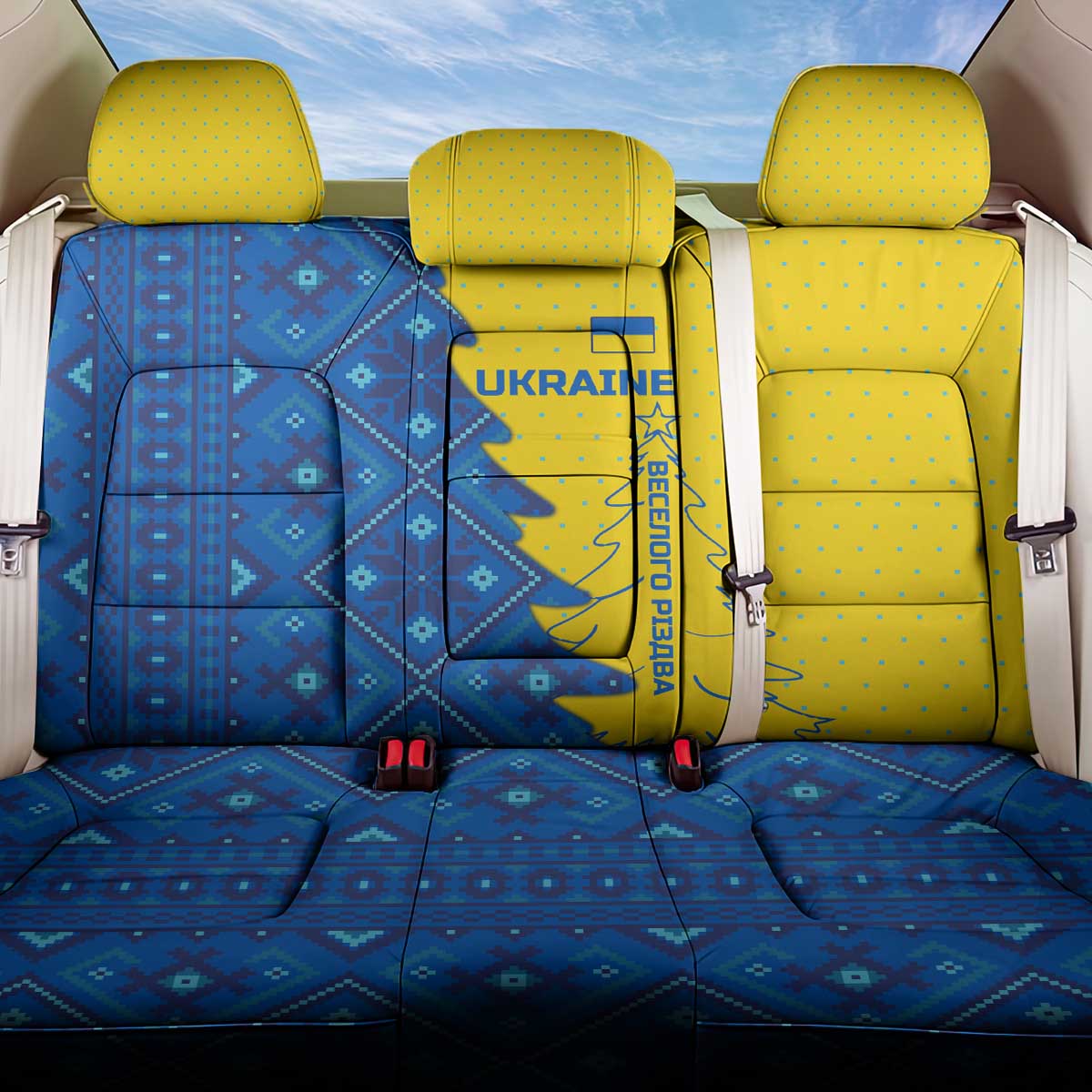 Ukraine Christmas Back Car Seat Cover with Yellow and Blue Tree Design and Traditional Embroidery - Wonder Print Shop