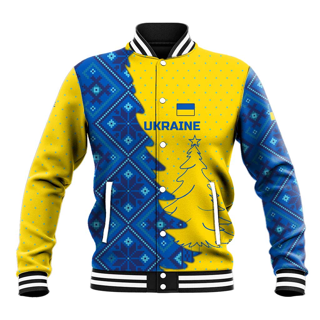 Ukraine Christmas Baseball Jacket with Yellow and Blue Tree Design and Traditional Embroidery - Wonder Print Shop